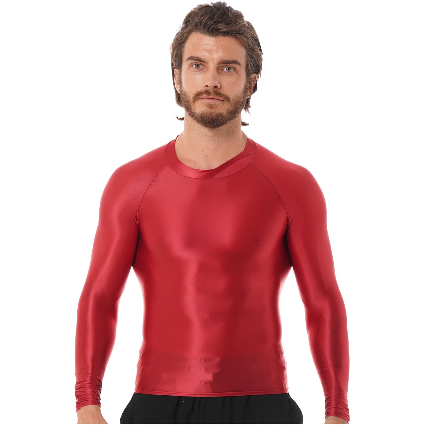 Mens Glossy Sports Tops Long Sleeve T-shirt Solid Color Slim Fit Breathable Fitness Gymnastics Workout Tops Yoga Beach Swimwear
