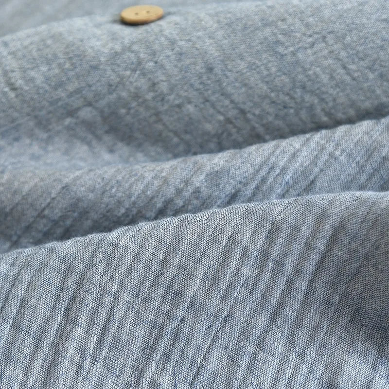 Solid Color Loungewear Set for Men 100% Cotton Muslin Pajamas Loose Round Neck Smoky Blue Sleepwear 2 Piece Autumn Home Clothes