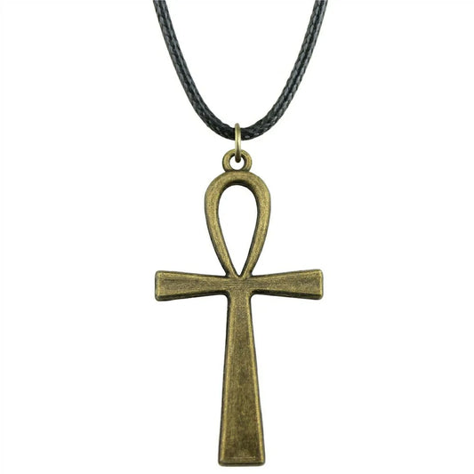 Ankh Cross Pendant Necklace Black Leather Chain Necklace