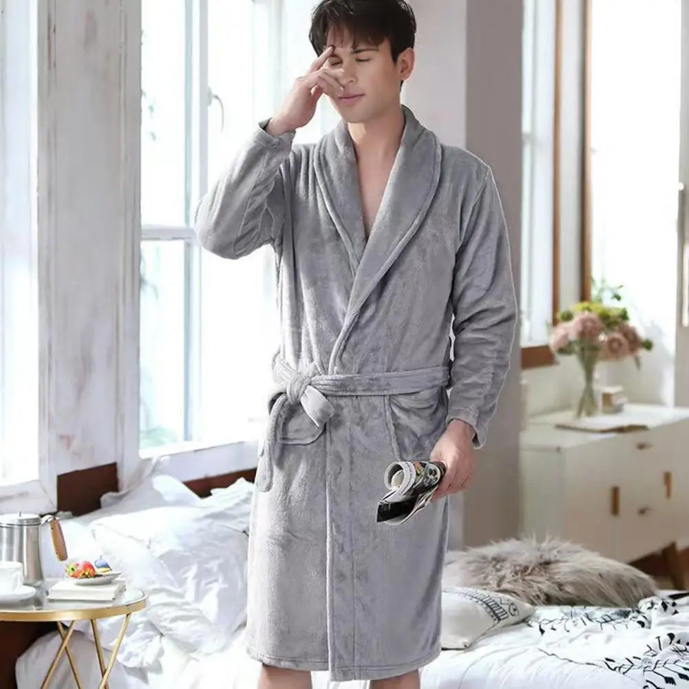 Men Women Bath Robe Lapel Long Sleeve Knee-Length Bathrobe With Belt Pockets Flannel Soft Loungewear Nightwear Plush Spa Robe