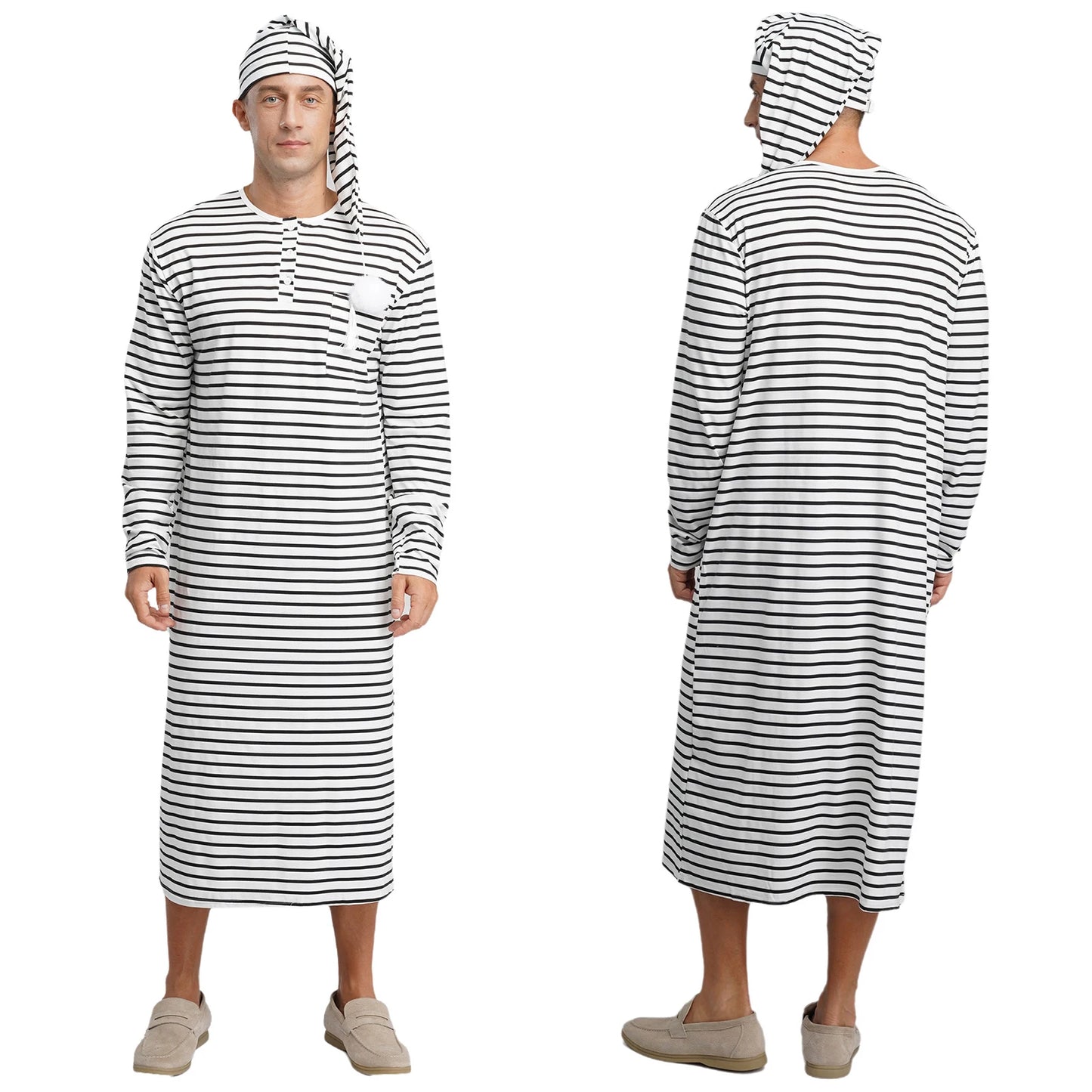 Mens Sissy Nightgown Striped Sleep Robe with Hat Set Complete Sleepwear Comfortable Loungewear Homewear for Holiday Nights