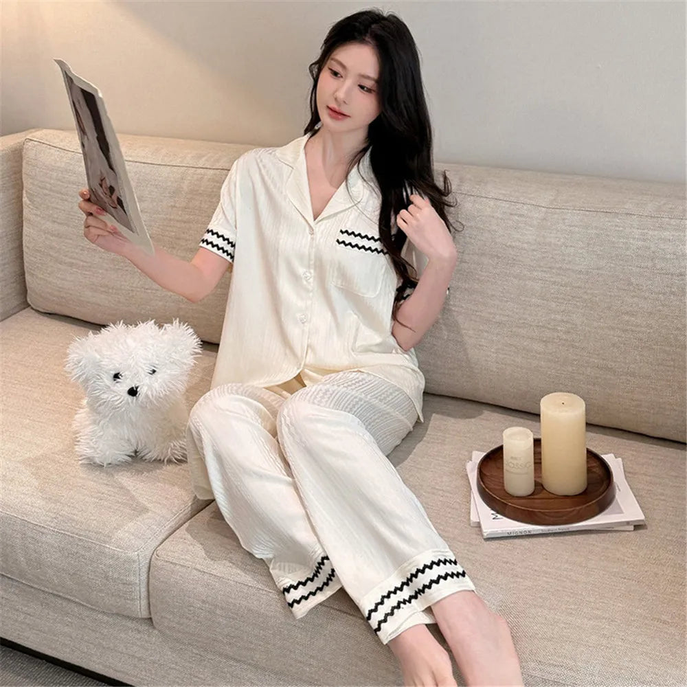 Silk Short Sleeve Pajama Set for Women - Summer