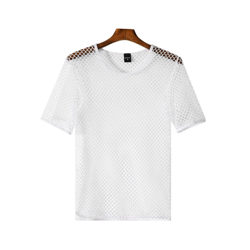 Mens Mesh See Through T Shirt Ice Cool Breathable Fishnet Hollow Out Short Sleeve