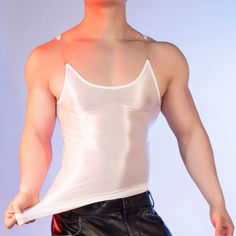 Mens Seamless Elastic Tops Oil Shiny Sleeveless Smooth Solid Tank Top Tights Male O-Neck Widely Applicable Running Undershirt