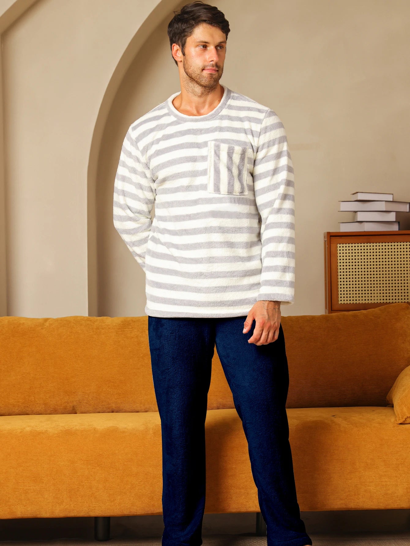 Men's Sleepwear Autumn/Winter Two Piece Set Coral Fleece Flannel Long Sleeve Long Pants Home Clothes with Thickened Velvet Set