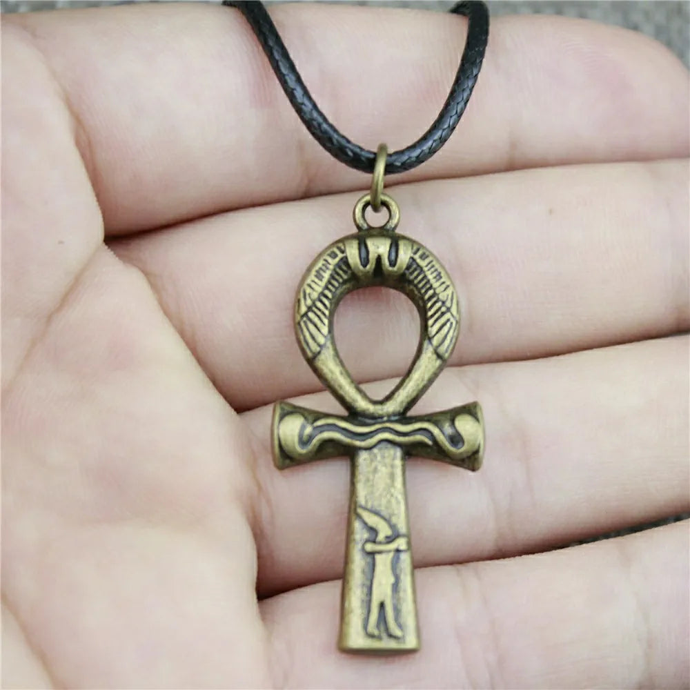 Egypt Ankh Cross Necklace Pendant Black Leather Chain Necklace