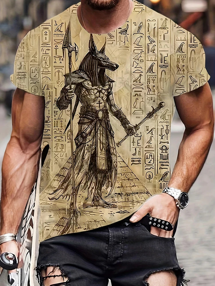 Egyptian Religious Style 3D Anubis Printed Men's Short-sleeved Shirt Outdoor Sports Men's Fitness T-shirt Street Fashion T-shirt