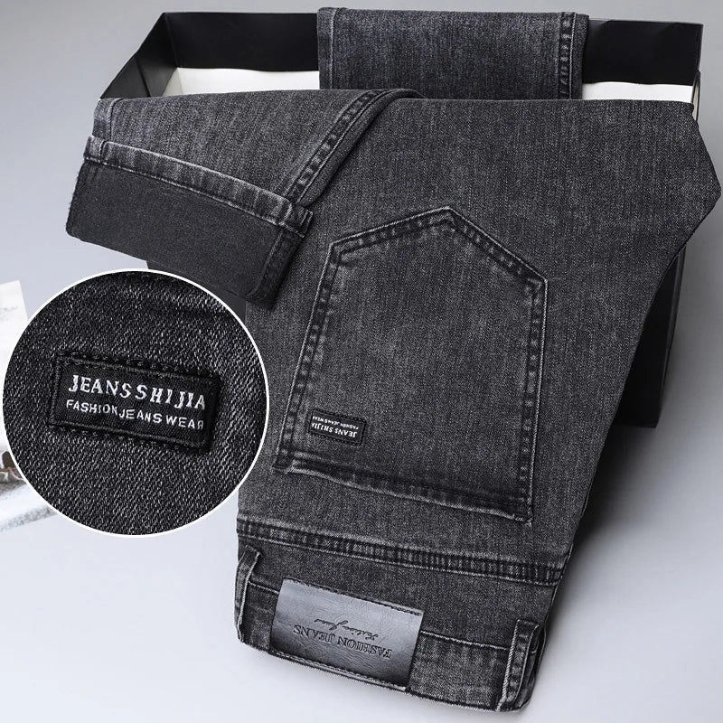 Men's Soft Stretch Denim Biker Jeans in Grey Black