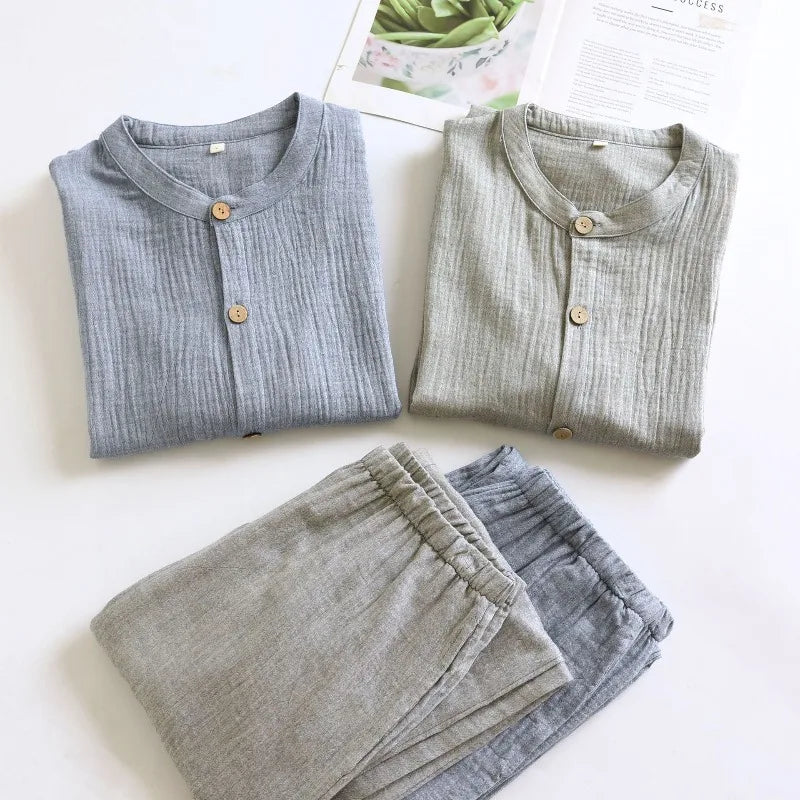 Solid Color Loungewear Set for Men 100% Cotton Muslin Pajamas Loose Round Neck Smoky Blue Sleepwear 2 Piece Autumn Home Clothes