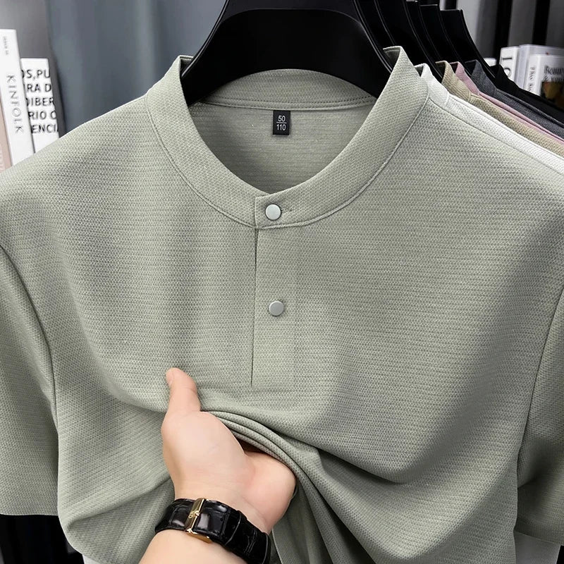 Mens Short Sleeve Mandarin Collar Polo Shirt Casual Tops With Buttons Breathable Slim Fit Waffle Knit Tees For Men Summer Style