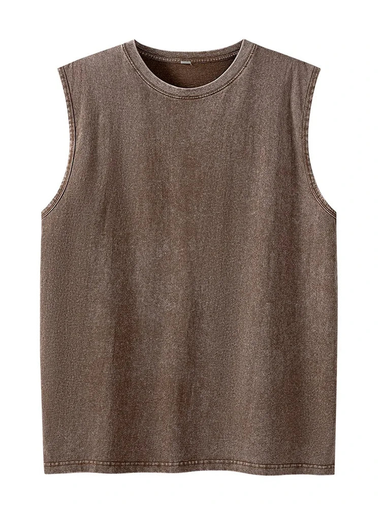 Summer Men's Washed Cotton Tank Tops Muscle Gym Sleeveless Workout T Shirts Running Beach Loose Cutoff Tees