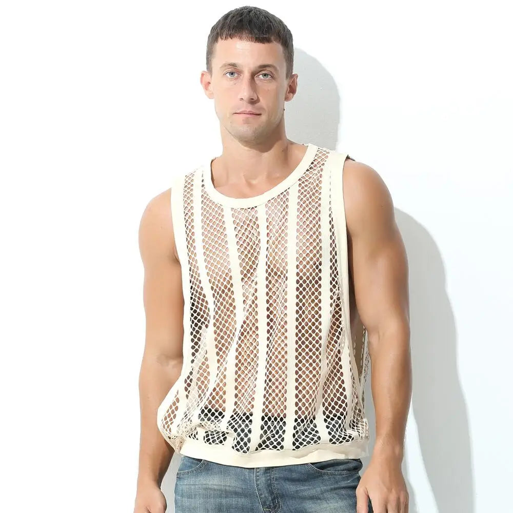 Mens Undershirts Vest Mesh See Through Sleeveless T Shirt Sexy Singlets Fitness Transparent Men Tank Tops Gym Vest