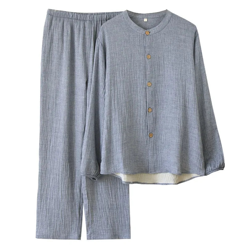 Solid Color Loungewear Set for Men 100% Cotton Muslin Pajamas Loose Round Neck Smoky Blue Sleepwear 2 Piece Autumn Home Clothes