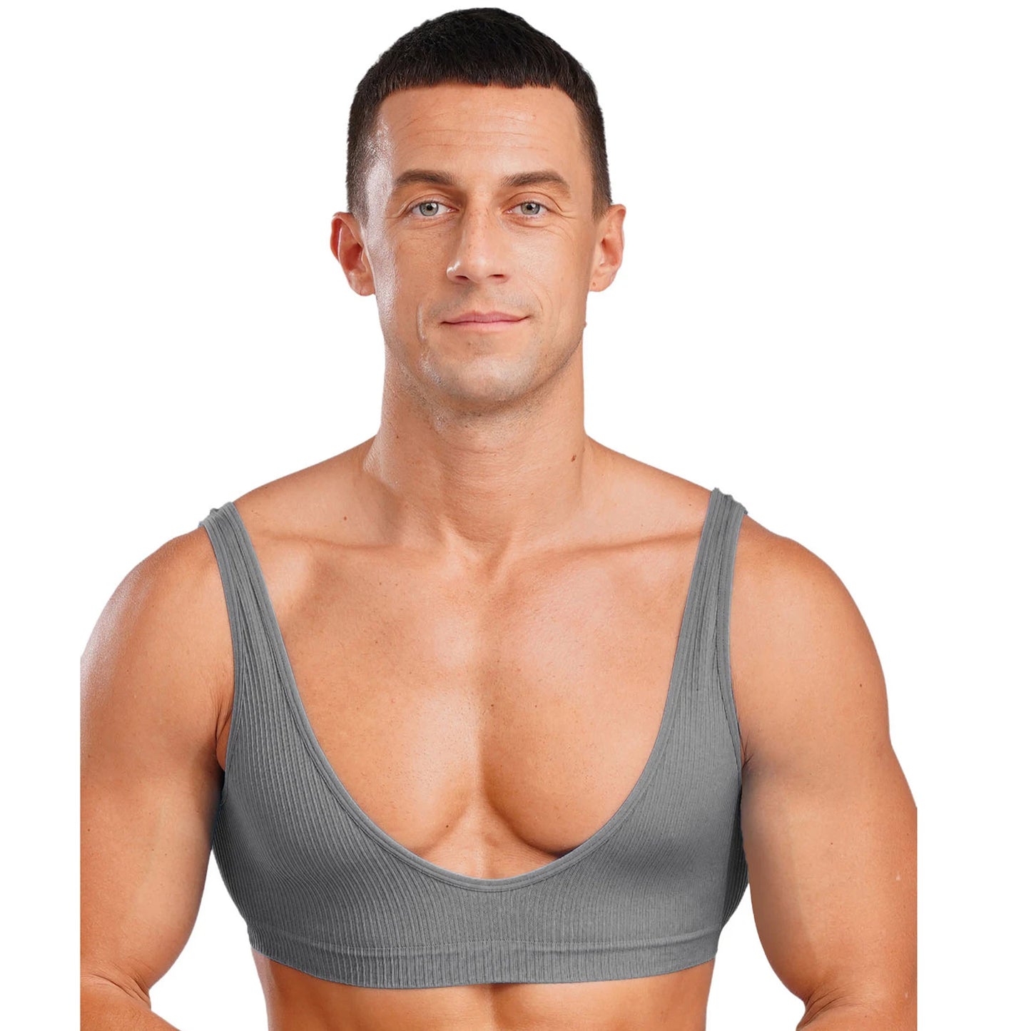 Mens Stretchy Muscle Tanks Top Deep V Neck Clubwear Sleeveless Ribbed Cropped Tops Male Gym Bodybuilding Fitness Sports Bra Vest
