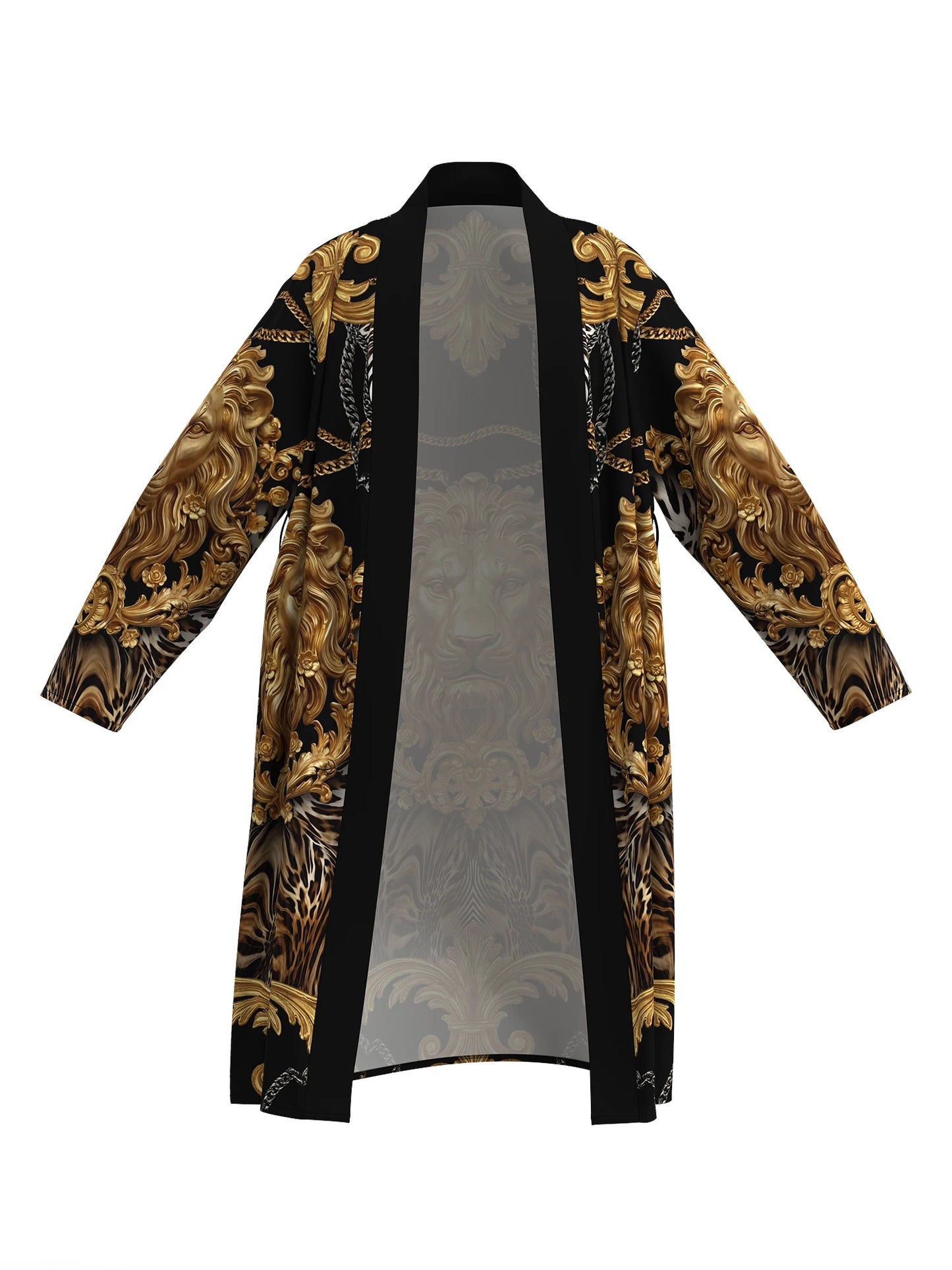 Men's Luxurious Baroque Lion Head Print Kimono Bathrobe Gold Leopard Print Long Sleeve Lounge Clothes Casual Nightgown