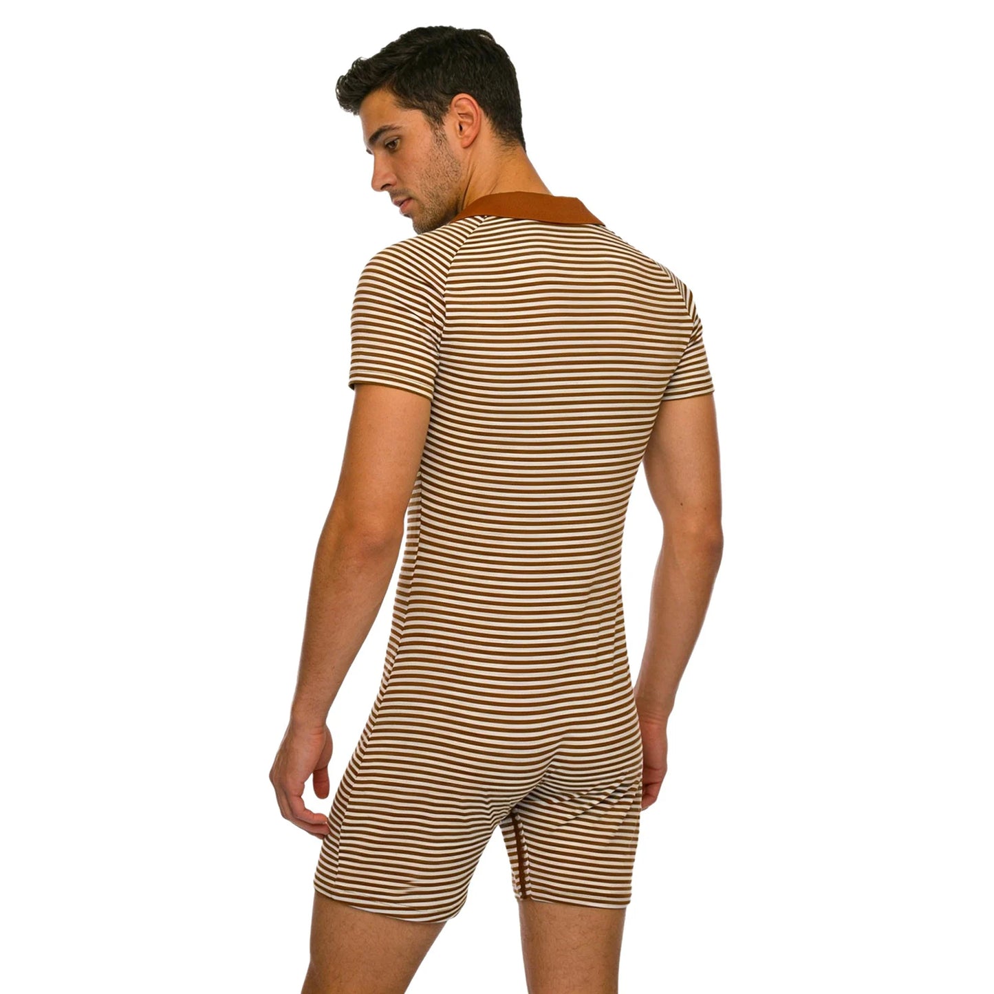 Men Short Sleeve Striped Pajamas Bodysuit Turn-down Collar Buttoned Crotch Cozy Jumpsuits Homewear Loungewear for Leisure Time