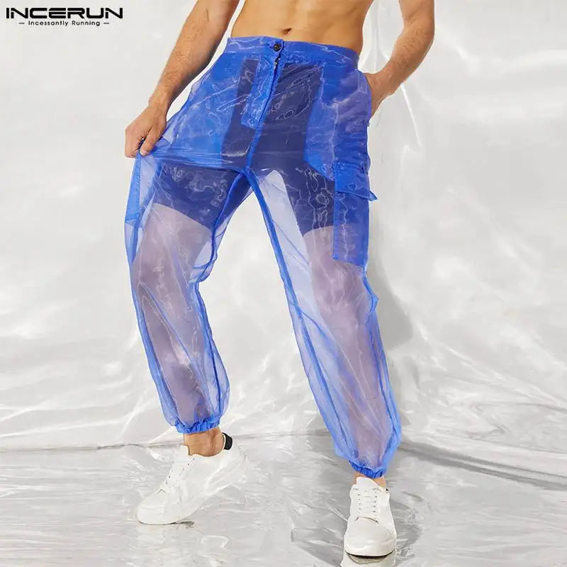 INCERUN Men Mesh Sleep Bottoms 2024 Lace Transparent Drawstring Sexy Homewear Pockets Breathable Trousers Male Sleep Pants S-5XL