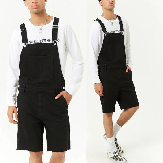 Men's Denim Ripped Knee Length Overalls Jumpsuit