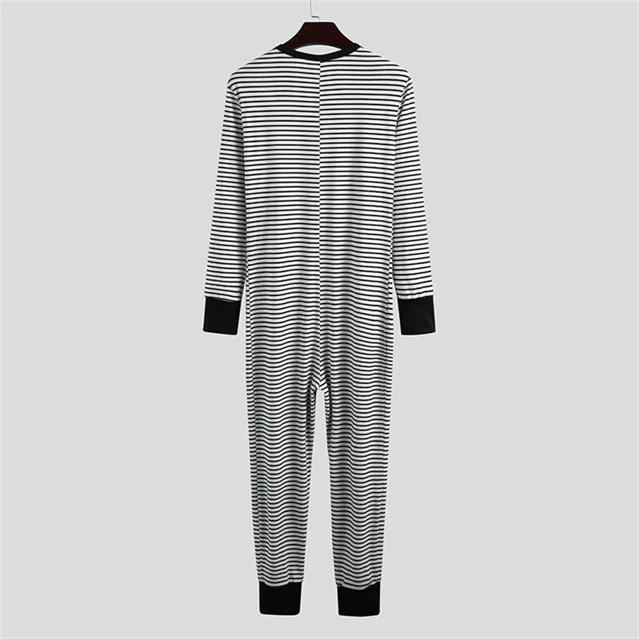 Men's Striped Polyester O-neck Jumpsuit