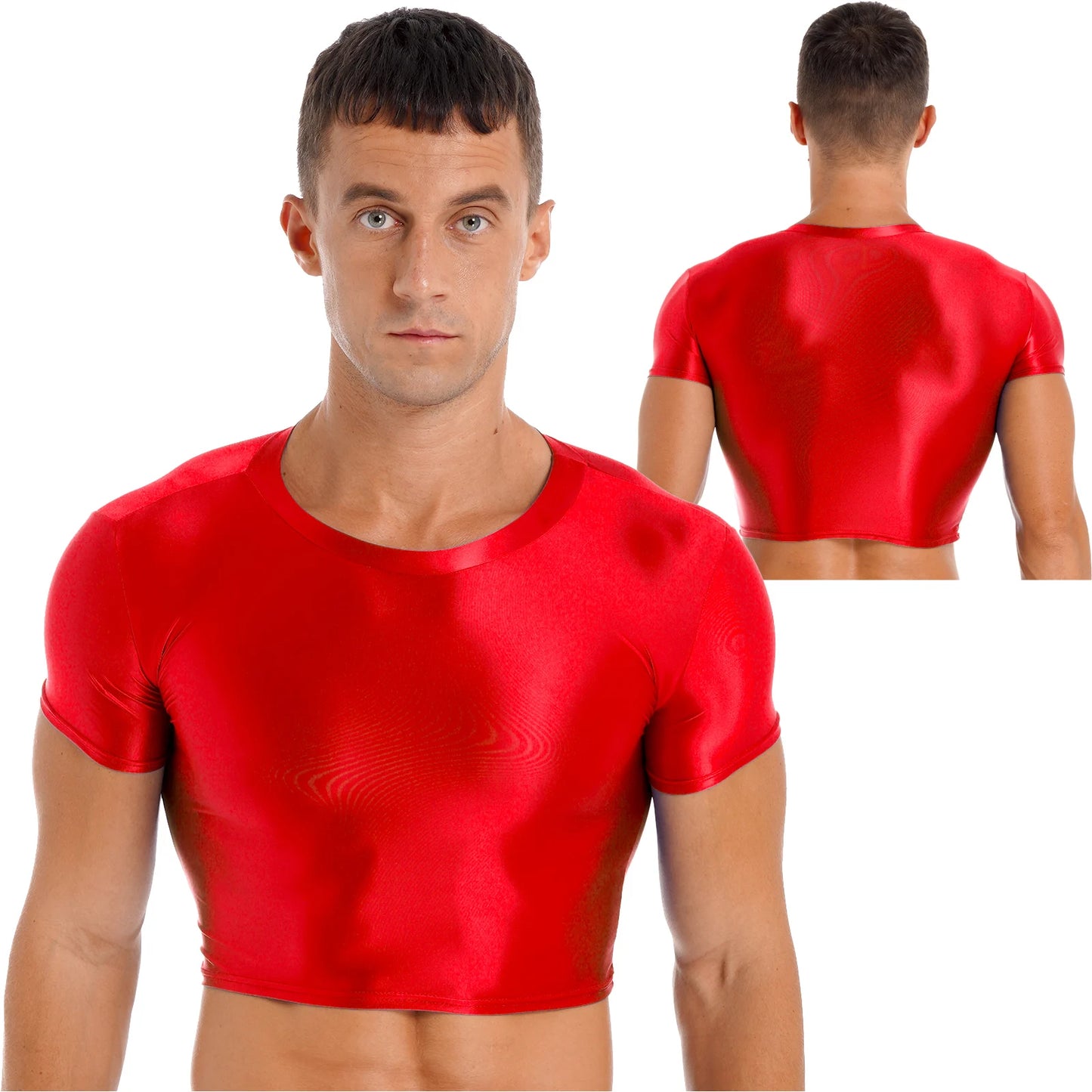 Mens Glossy Crop Top Short Sleeve Oil Shiny Slim Fit Sports Fitness T-shirt Tee Workout Cheer Booty Dance Tops Swimwear Clubwear