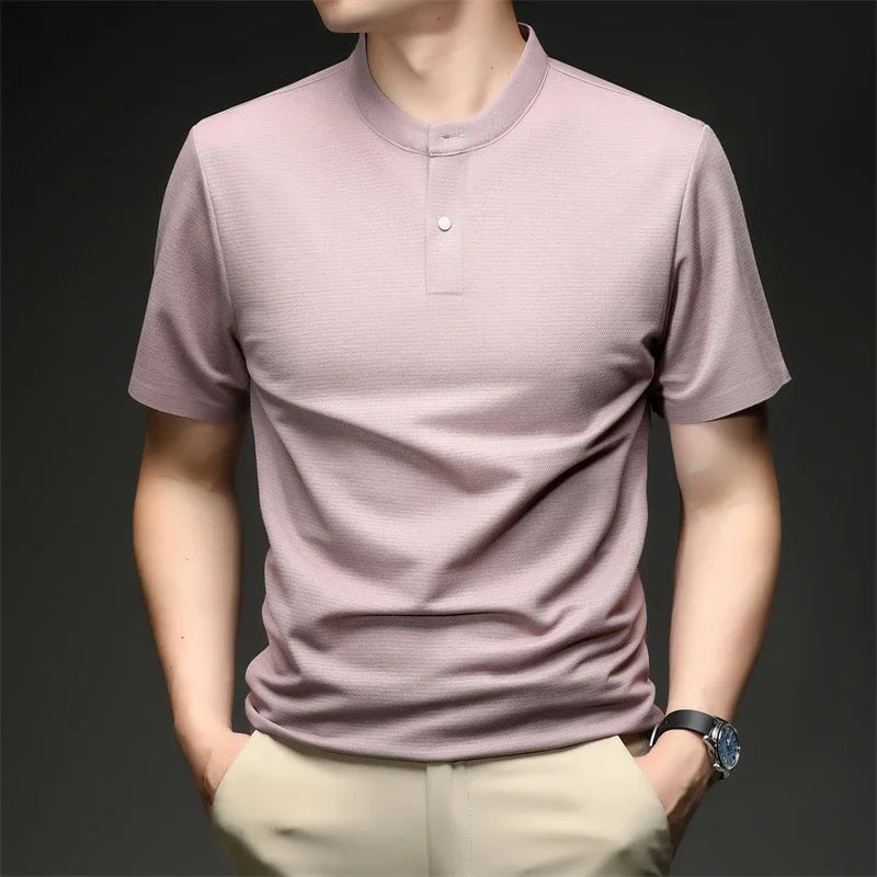 Mens Short Sleeve Mandarin Collar Polo Shirt Casual Tops With Buttons Breathable Slim Fit Waffle Knit Tees For Men Summer Style