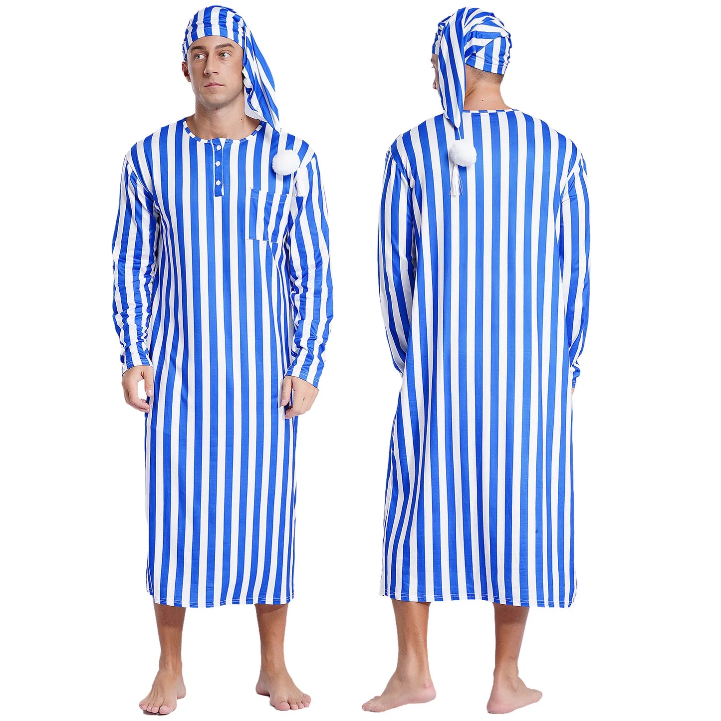 Mens Sissy Nightgown Striped Sleep Robe with Hat Set Complete Sleepwear Comfortable Loungewear Homewear for Holiday Nights