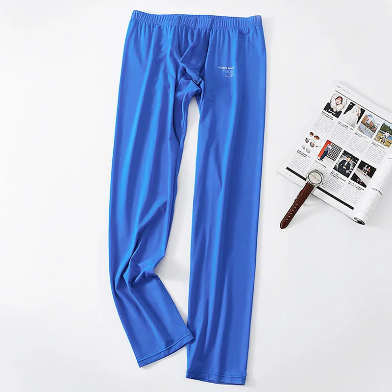 Mens Ice Silk Long Johns Homme Sleepwear Underwear Bottom Trousers Ultra-Thin Thermal Underwear Bottoms