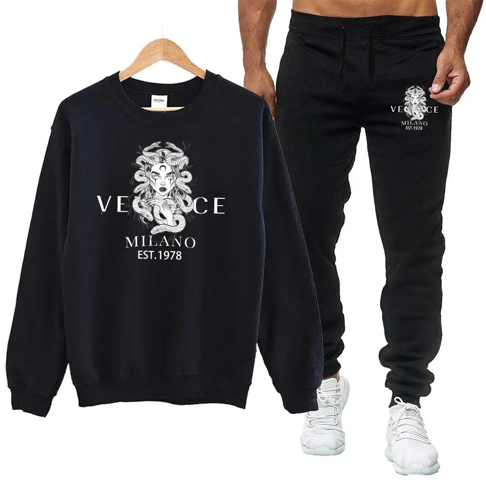 Men's Autumn Round Neck Sweatshirt + Sweatpants Luxury Print Simple Casual Versatile Casual Sports Two-piece Set for Men
