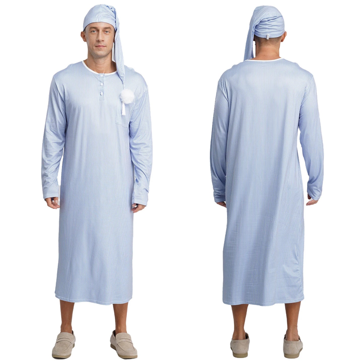 Mens Sissy Nightgown Striped Sleep Robe with Hat Set Complete Sleepwear Comfortable Loungewear Homewear for Holiday Nights