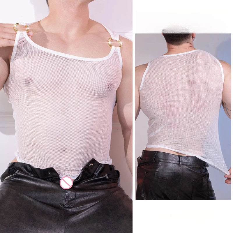 Men's Tops Vest Mesh Transparent High Elastic Ultra Thin Sexy Hollow Undershirt Underwear Bodybuilding Sleeveless Tank Tops