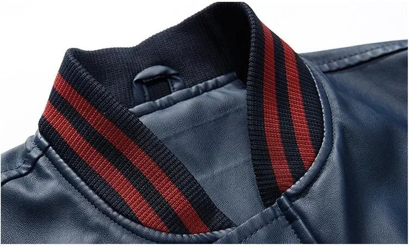 Bomber Jacket Men Leather Fleece Casual Zipper Coat
