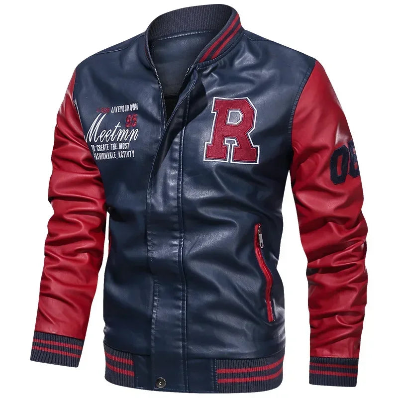 Bomber Jacket Men Leather Fleece Casual Zipper Coat