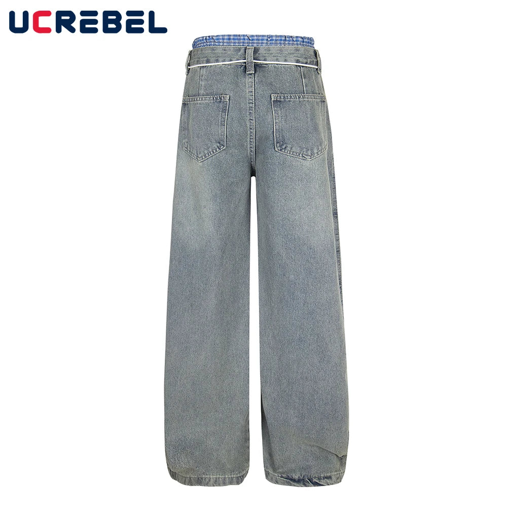 Double Waist Jeans Mens with Belt Retro High Street Loose Straight Wide Leg Washed Distressed Denim Pants Men