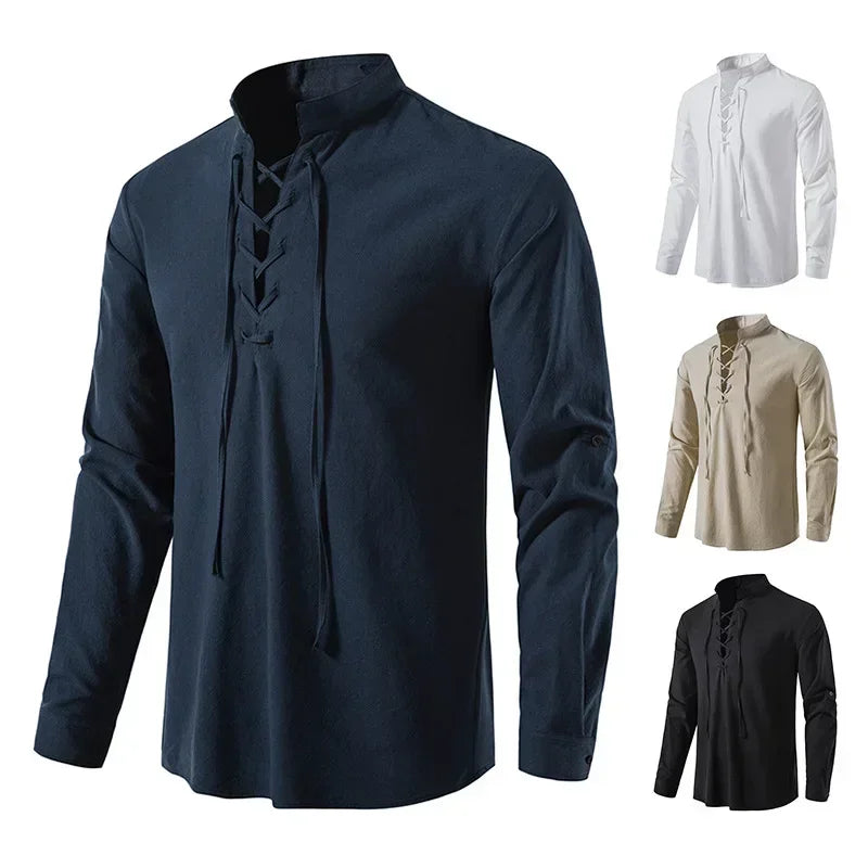 NONE 2026 + Men's Casual Blouse Cotton Linen Shirt Top