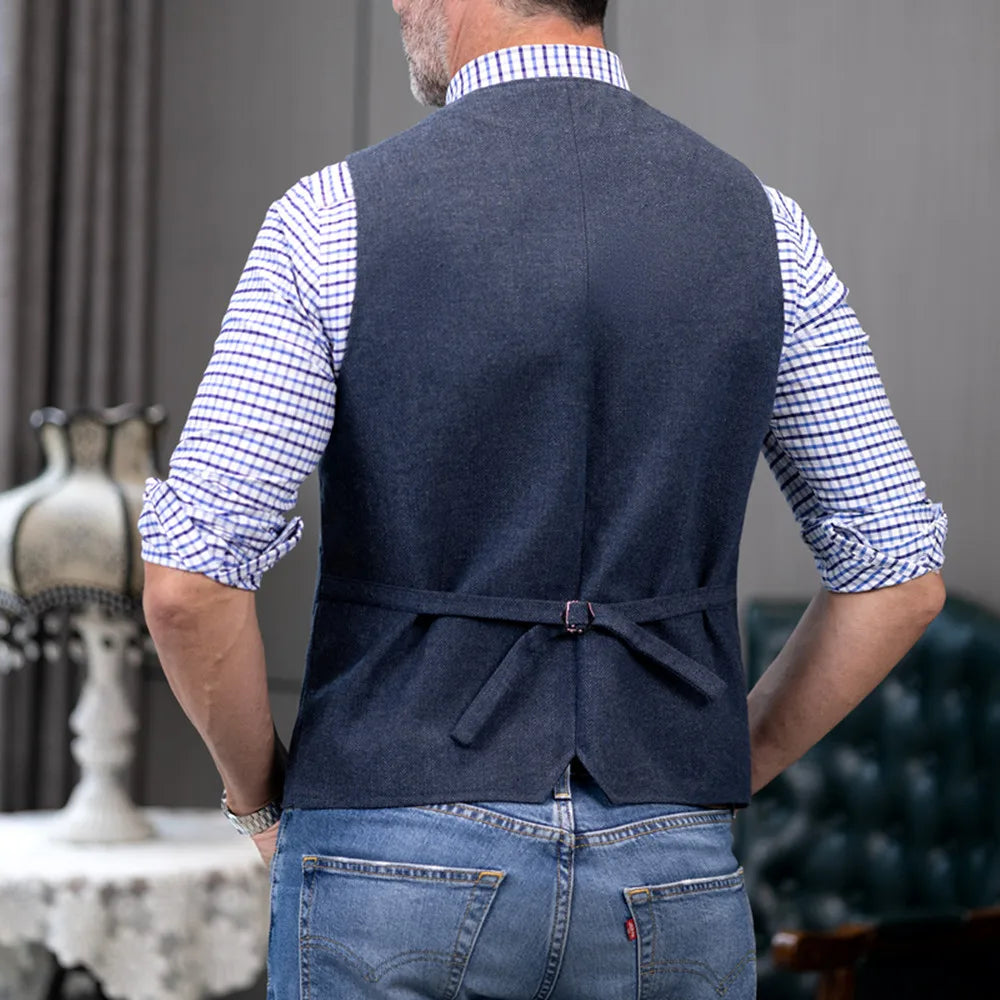 Men's Herringbone Tweed V Neck Slim Fit Vest for Weddings
