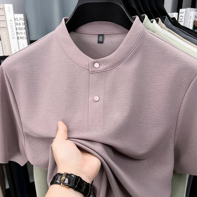 Mens Short Sleeve Mandarin Collar Polo Shirt Casual Tops With Buttons Breathable Slim Fit Waffle Knit Tees For Men Summer Style