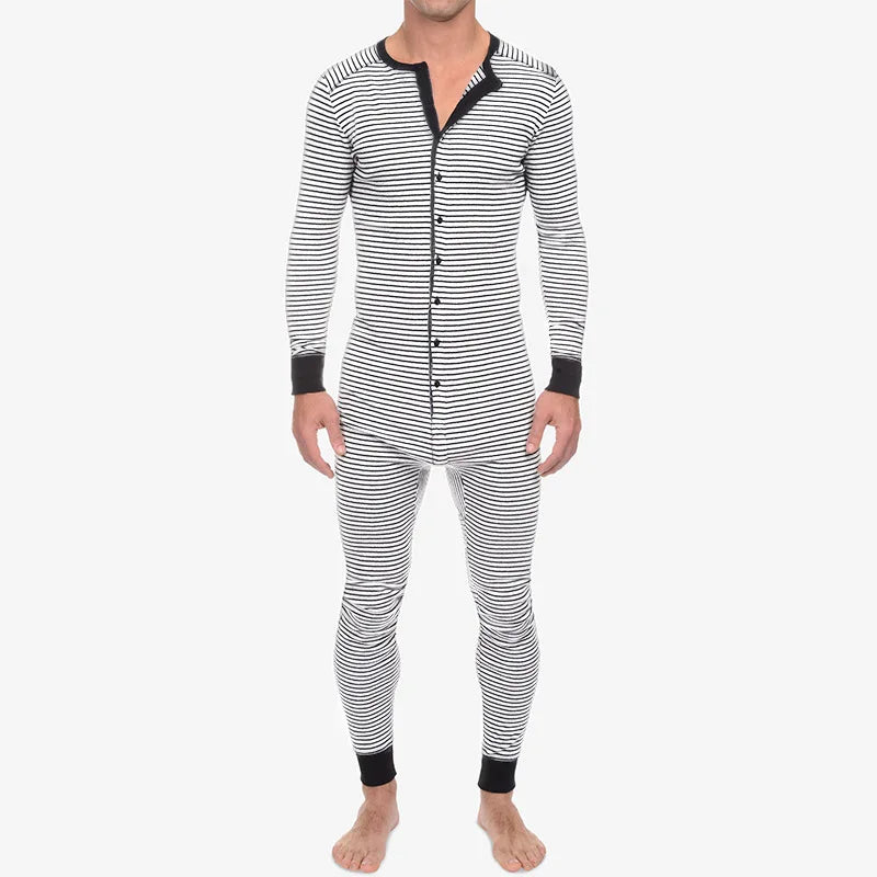 Striped Lounge One-Piece Pajama Sets Sleepsuit Men's Sleep Slim-Fit Long-Sleeve Underwear Autumn-Winter New Homewear