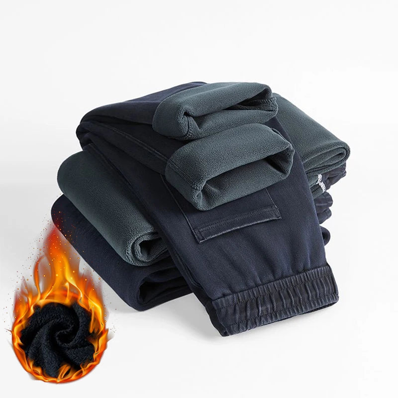 Men's Casual Fleece Thick Jeans Versatile Trendy Retro Elastic Washed Denim Pants Daily Outdoor Loose Cozy Fashion Male Trousers
