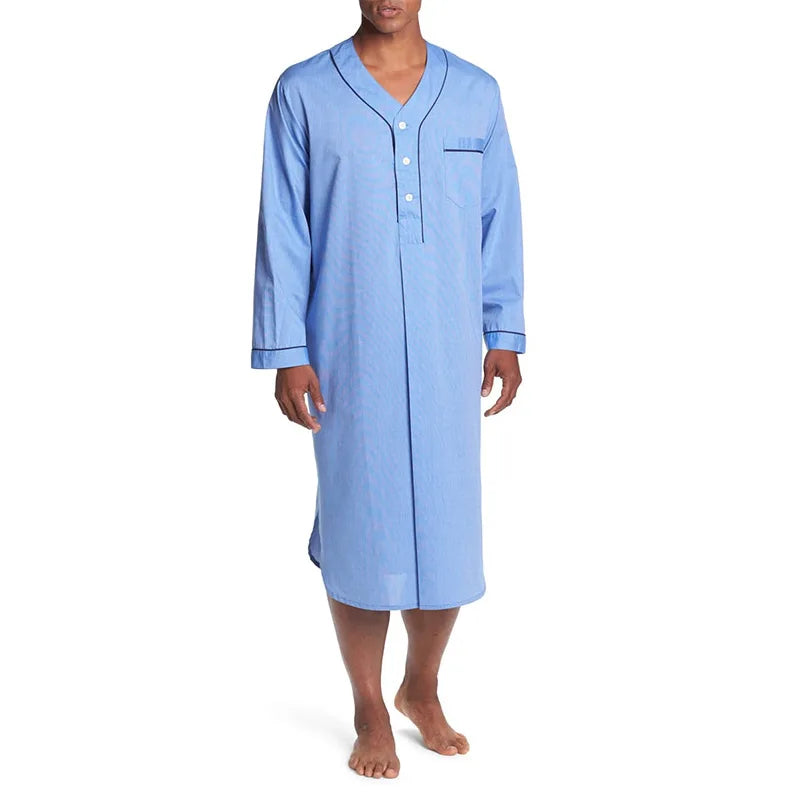 S-3XL New Men's Sleep Tops Cotton Long Sleeve V-neck Loose Pajamas Leisure Nightgown Mens Nightshirts Male Sleepwear Loungewear
