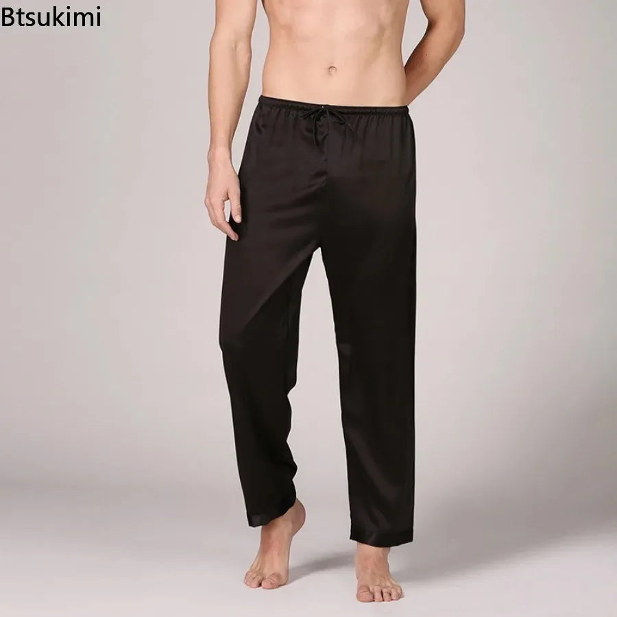 Summer New Men Sleep Bottoms Trousers Fashion Satin Sleepwear Male Ice Silk Pajamas Long Pants Solid Color Comfortable Homewear
