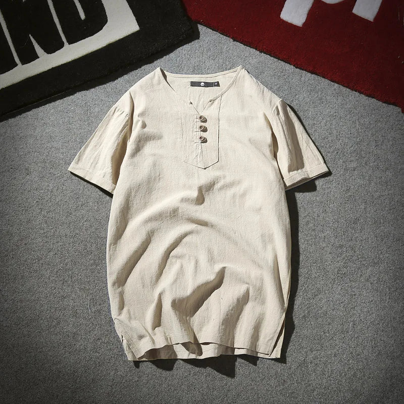 Men's Casual V Neck Short Sleeve Linen T-shirt