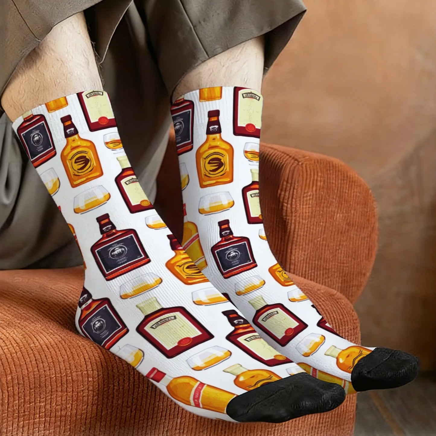 Men's Mid-calf Socks with All-over Whiskey Bottle Print Fun Novelty Retro Harajuku Style Comfortable Soft Breathable Socks