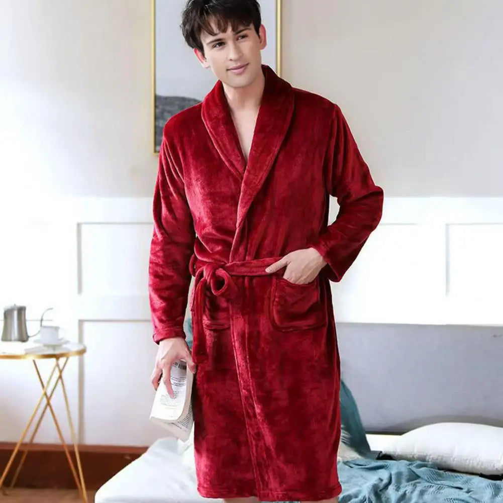 Men Women Bath Robe Lapel Long Sleeve Knee-Length Bathrobe With Belt Pockets Flannel Soft Loungewear Nightwear Plush Spa Robe