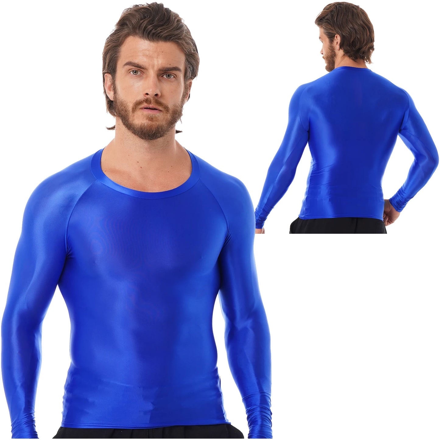 Mens Sports T-Shirts Tops Slim Fit Breathable T-Shirts Tops Glossy O Neck Long Sleeve Transparent T-shirt Running Undershirts
