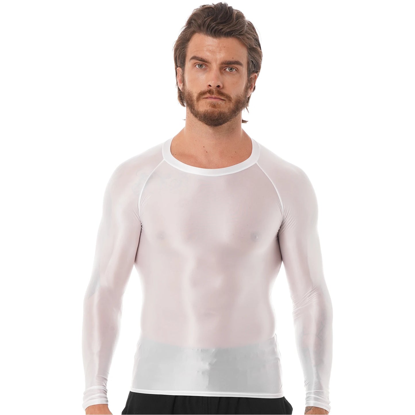 Mens Sports T-Shirts Tops Slim Fit Breathable T-Shirts Tops Glossy O Neck Long Sleeve Transparent T-shirt Running Undershirts
