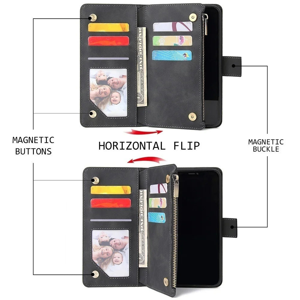 Premium Leather Wallet Case For iPhone 16 15 14 13 12 11 17 Pro Max Plus Magnetic Flip Cover