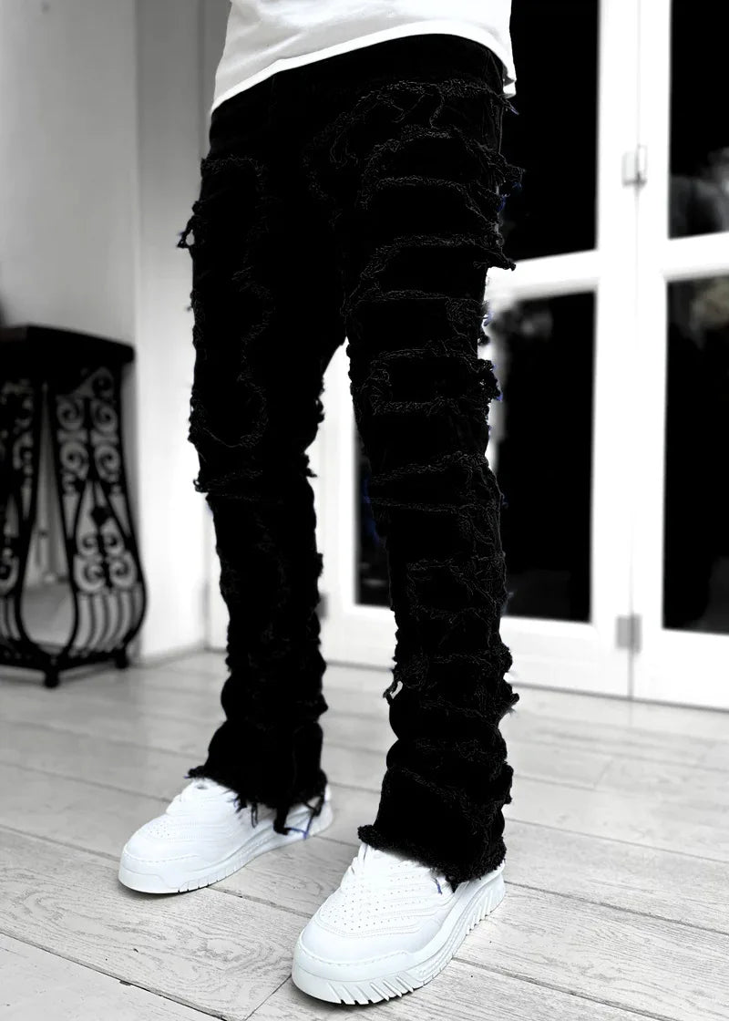 Men's Denim Straight Jeans with Tassels and Pockets