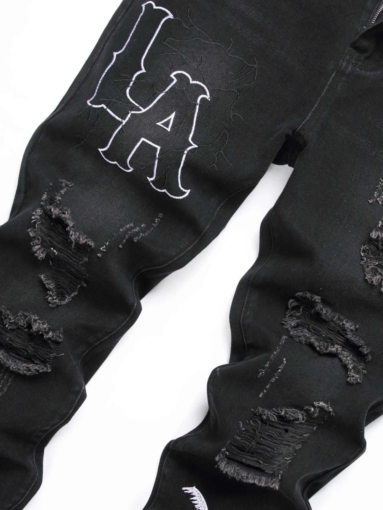 Men's Black Denim Slim Fit Jeans with White Embroidery