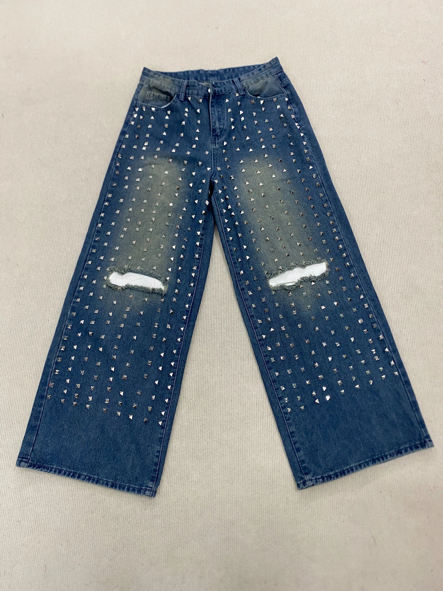 Casual Denim Pants for Men with Rivets and Holes