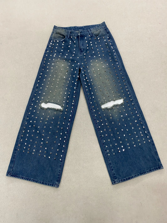 Casual Denim Pants for Men with Rivets and Holes
